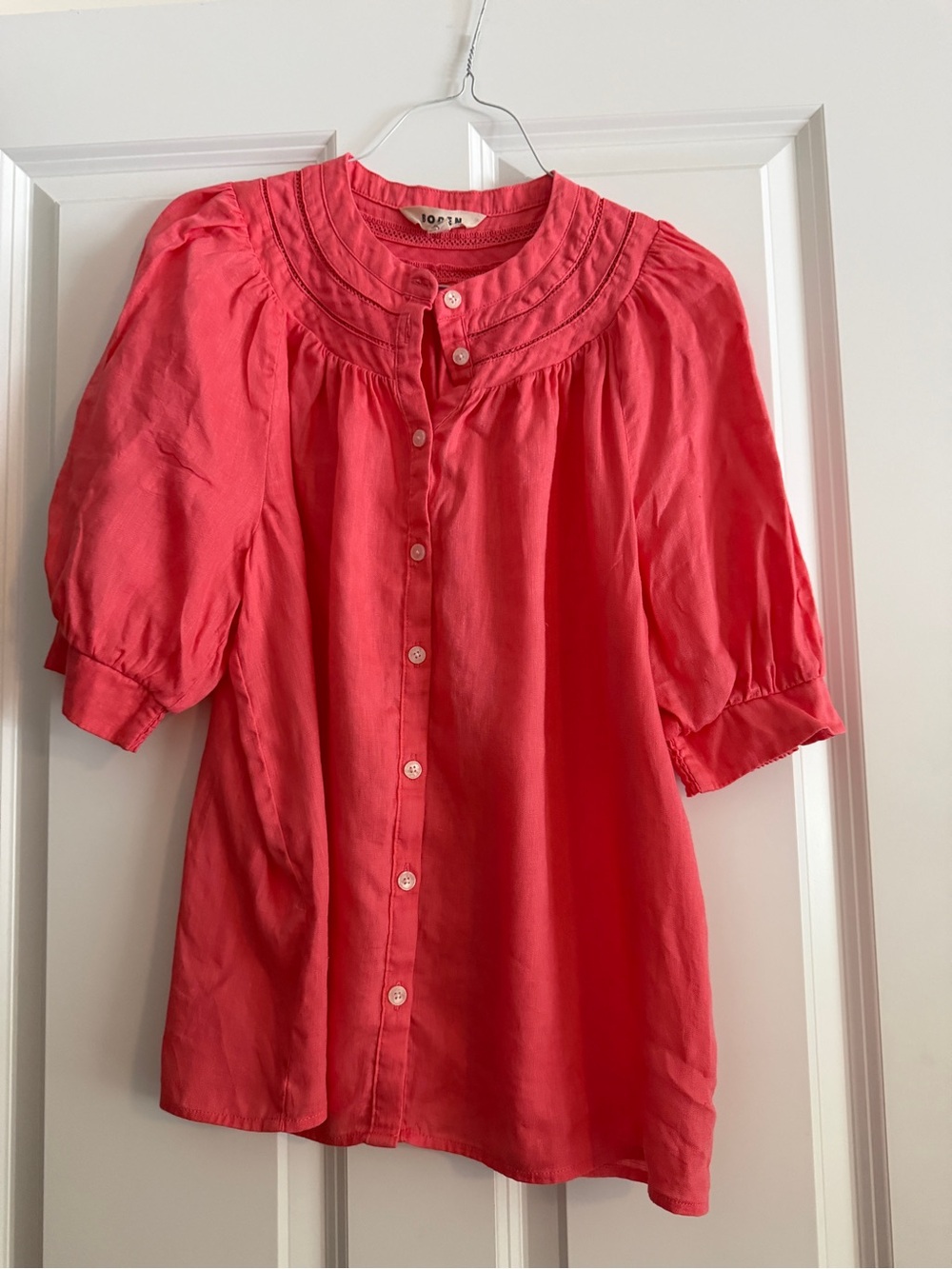 Boden Coral Button-Front Puff Sleeve linen Blouse